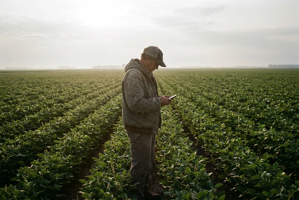 Agrônomo em lavoura de soja registrando talhão pelo celular